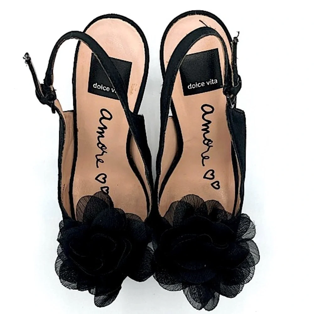 Dolce Vita “Bess” Black Platform Heels with Sheer Petals Embellishment, size 8.5